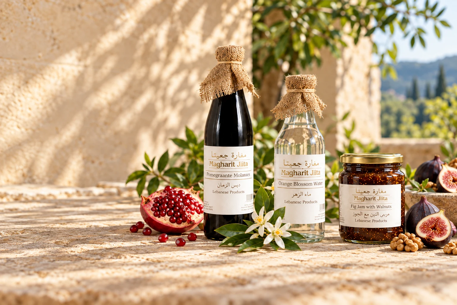 Lebanese pantry products and food on a sunlit table