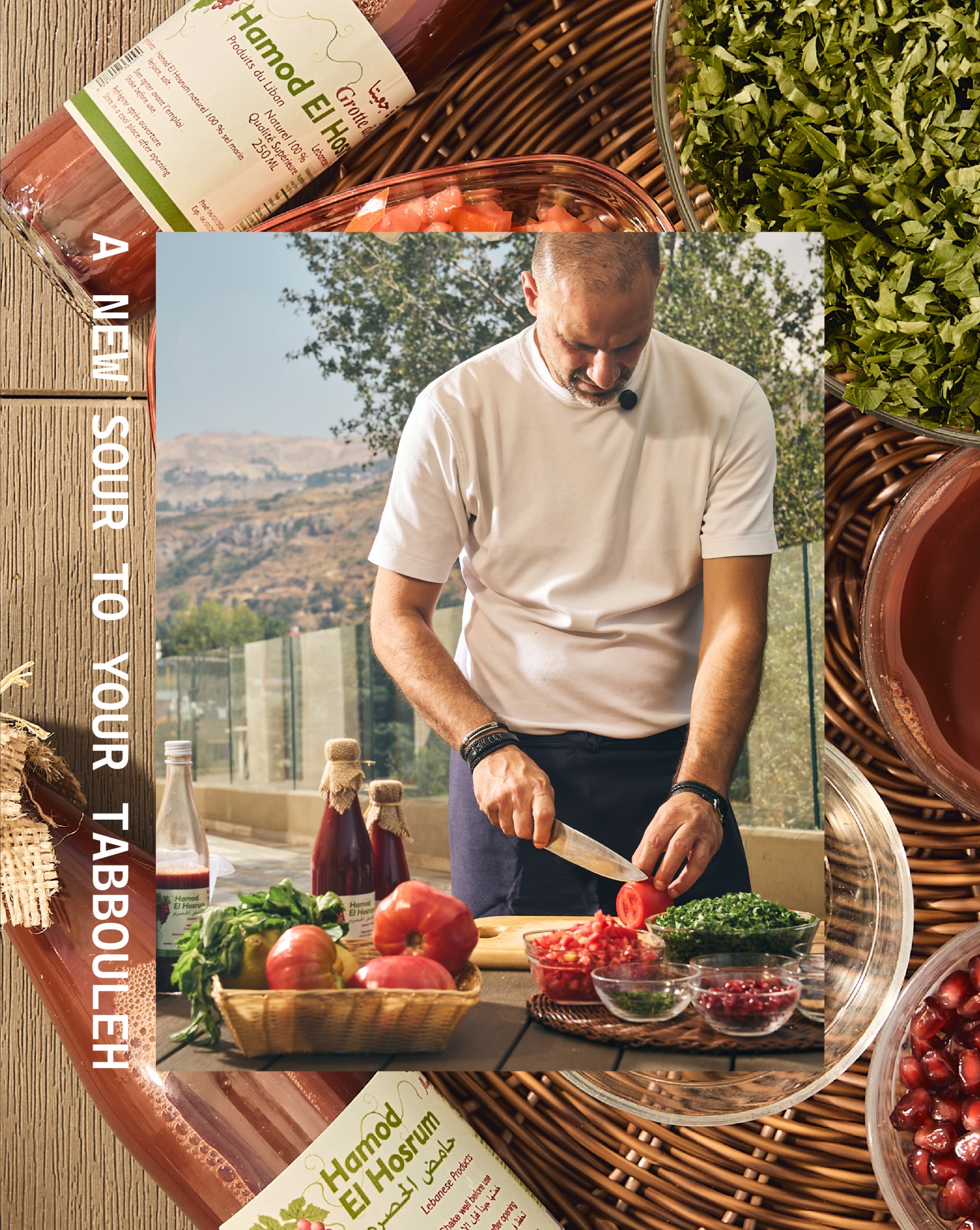 Chef chopping fresh tomatoes for Tabbouleh overlooking Mount Lebanon